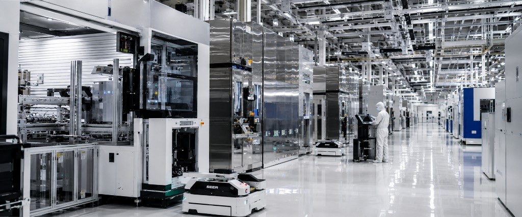 Stilisierte Darstellung einer Halbleiterfertigung mit Fachkräften, Robotik, Mikroskop und Siliziumwafer.